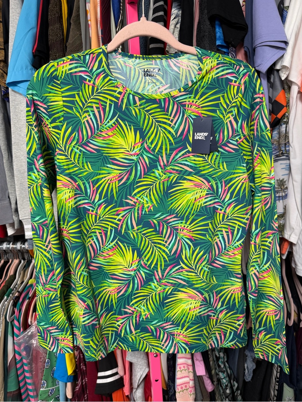 Lands End women’s long sleeve rash guard shirt green pink tropical $60 UPF50 new